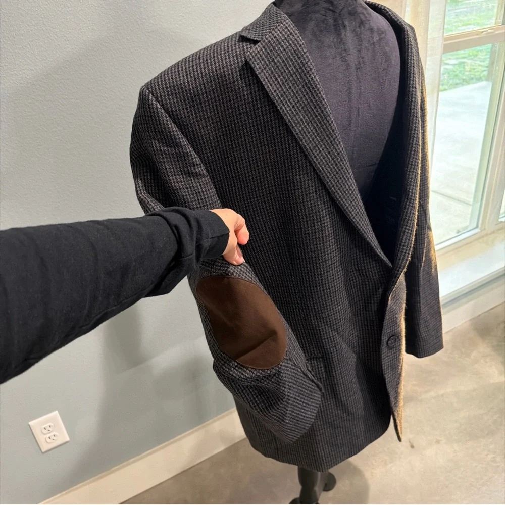 100% Wool Chaps Herringbone Checker Brown Suede Elbow Patches Blazer Jacket 46R